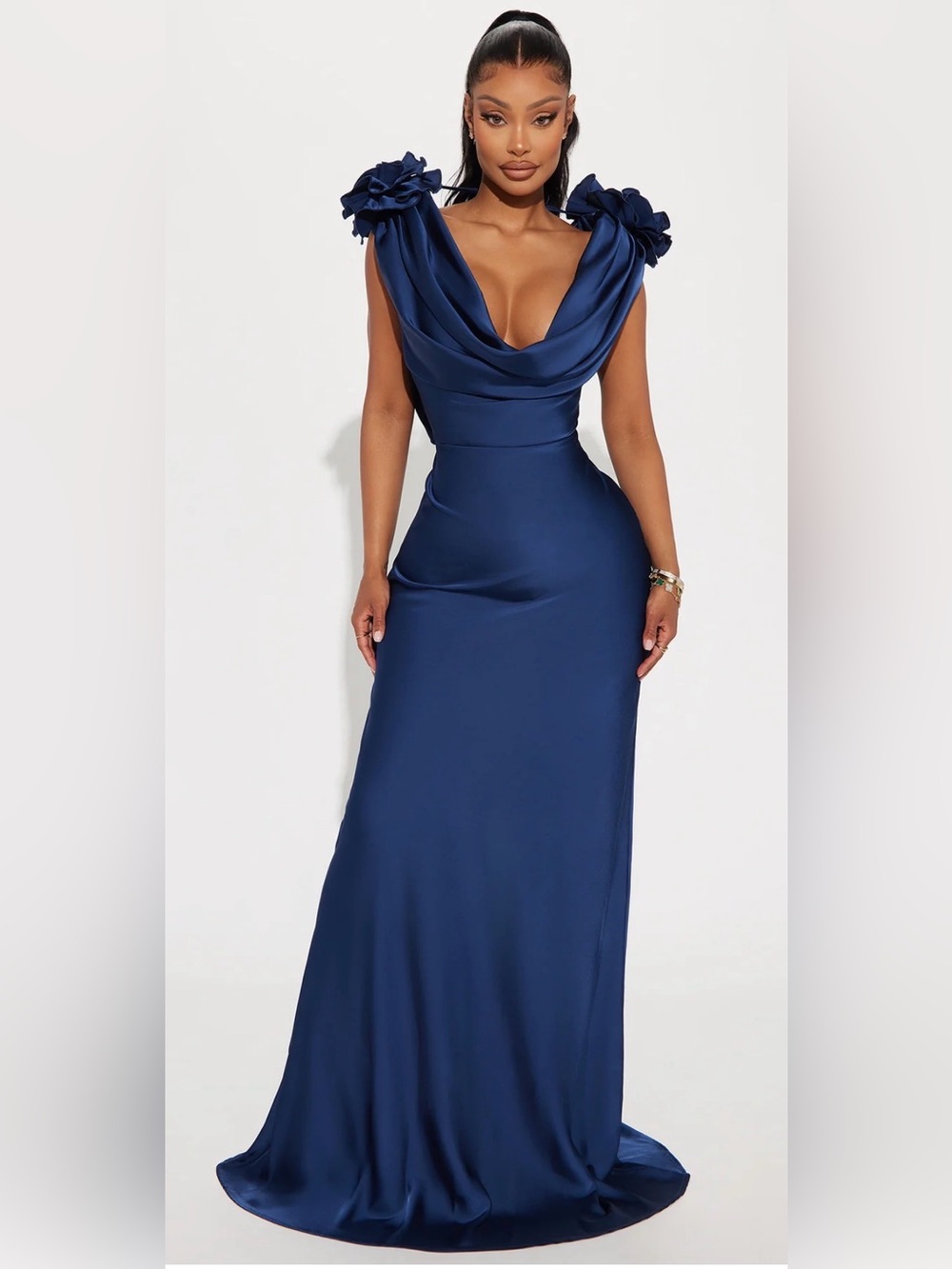 Elegant Navy Cowl Neck Evening Gown